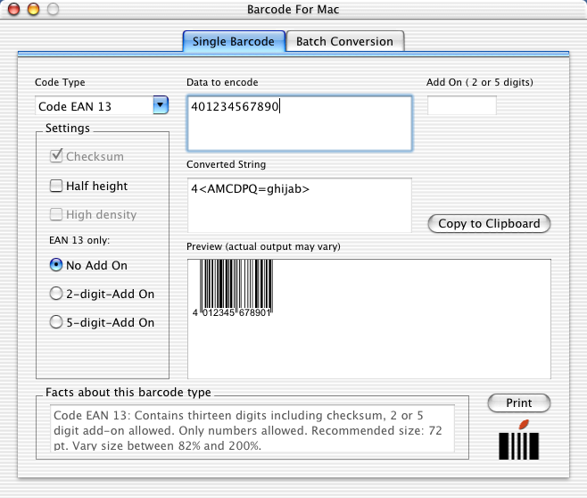 Barcode Software for Mac OS X by Wolf Software Screenshot